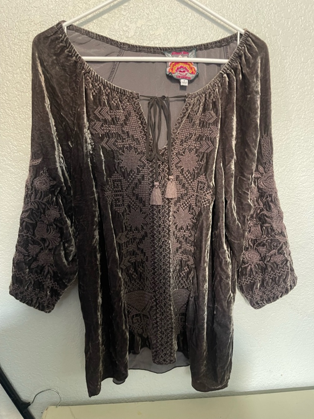 Johnny Was Brown Embroidered Velvet Tunic Top